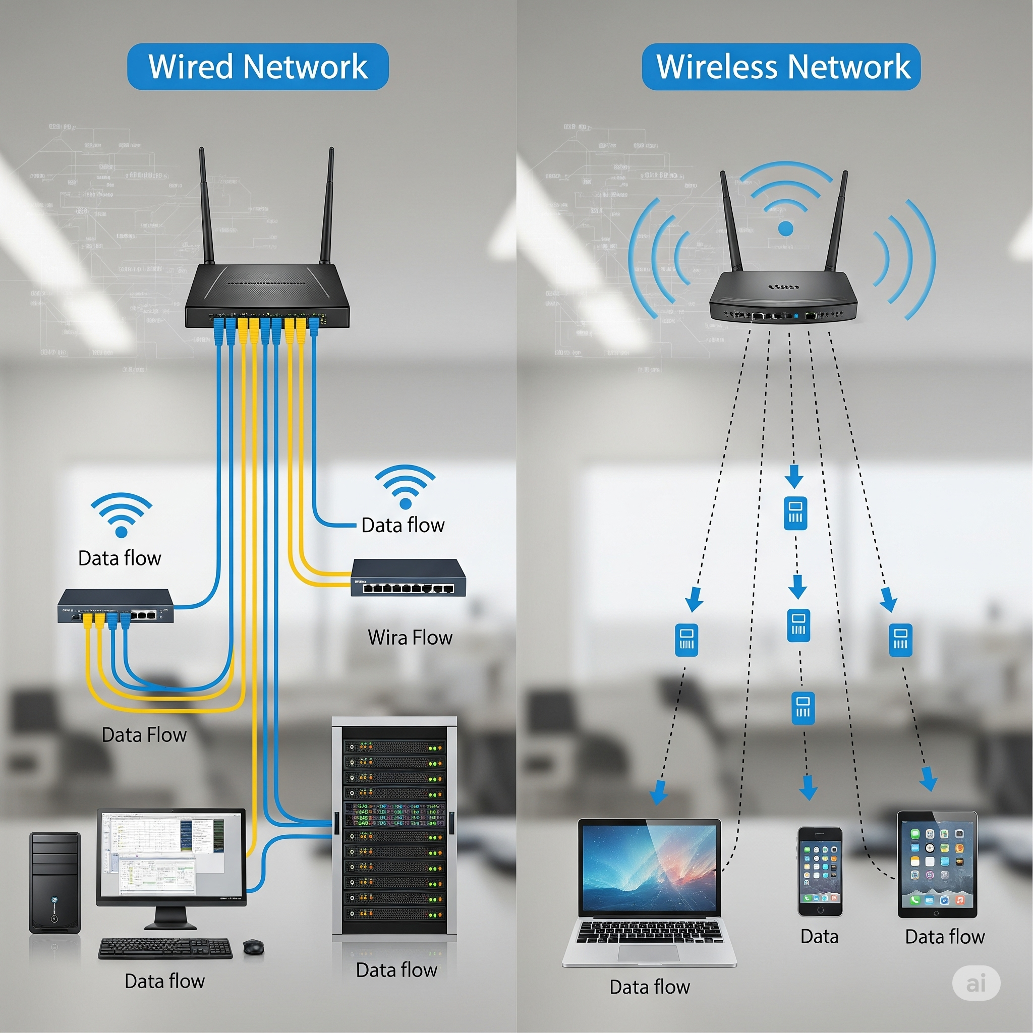 Router Wi-Fi con fibra óptica azul